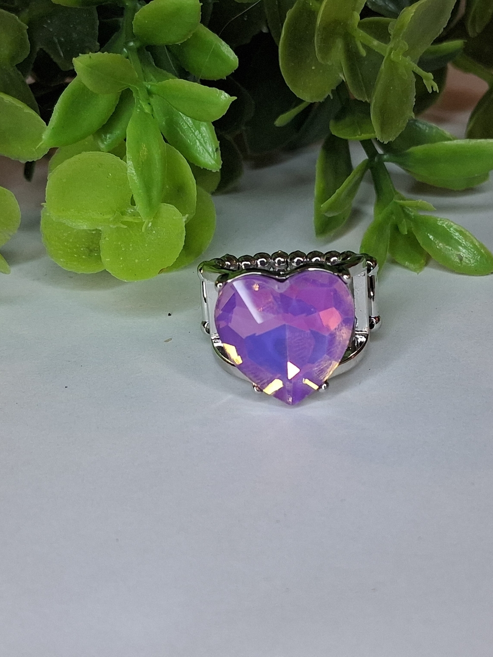 Silver-Tone Heart Ring with Opalescent Lavender Stone